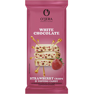 Шоколад белый «OZera» «С клубничными криспами, хрустящими шарики взр карамель" 90г